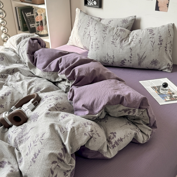 91家纺网 家纺一手货源 找家纺 雅阁尔家纺 2026新款复古美拉德风泡芙棉双层纱床单床笠款水洗棉四件套学生宿舍三件套单被套 紫苏