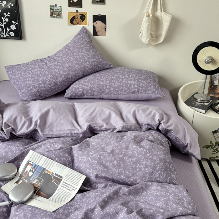 91家纺网 家纺一手货源 找家纺 雅阁尔家纺 2026新款复古美拉德风泡芙棉双层纱床单床笠款水洗棉四件套学生宿舍三件套单被套 紫萝漫想