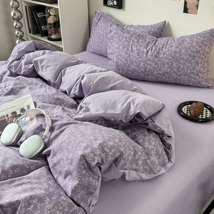 91家纺网 家纺一手货源 找家纺 雅阁尔家纺 2026新款复古美拉德风泡芙棉双层纱床单床笠款水洗棉四件套学生宿舍三件套单被套 紫萝漫想