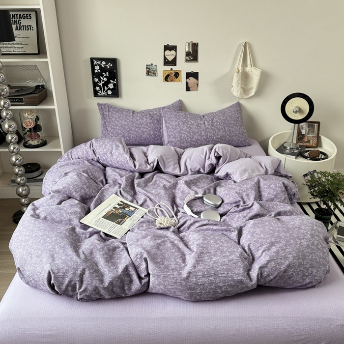 91家纺网 家纺一手货源 找家纺 雅阁尔家纺 2026新款复古美拉德风泡芙棉双层纱床单床笠款水洗棉四件套学生宿舍三件套单被套 紫萝漫想