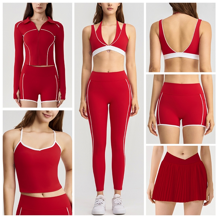 （总）沐珩家纺 2026新款撞色文胸上衣长袖短袖长裤短裤短裙百褶裙拉链外套瑜伽服六件套装