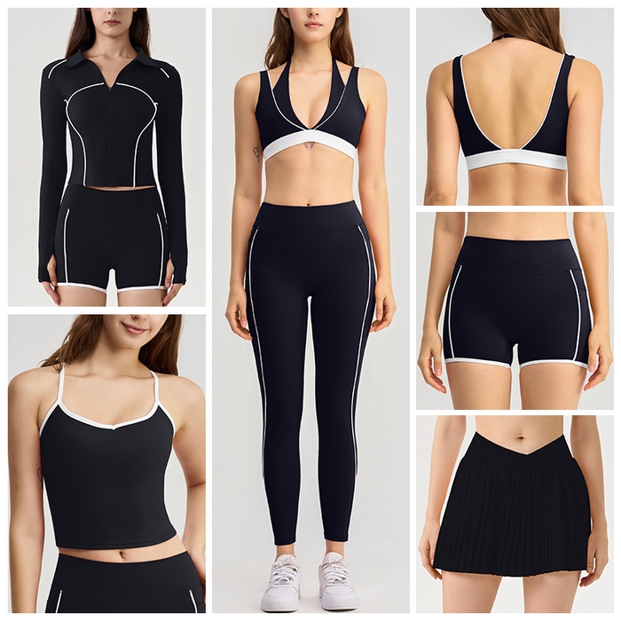 91家纺网 家纺一手货源 找家纺 （总）沐珩家纺 2026新款撞色文胸上衣长袖短袖长裤短裤短裙百褶裙拉链外套瑜伽服六件套装