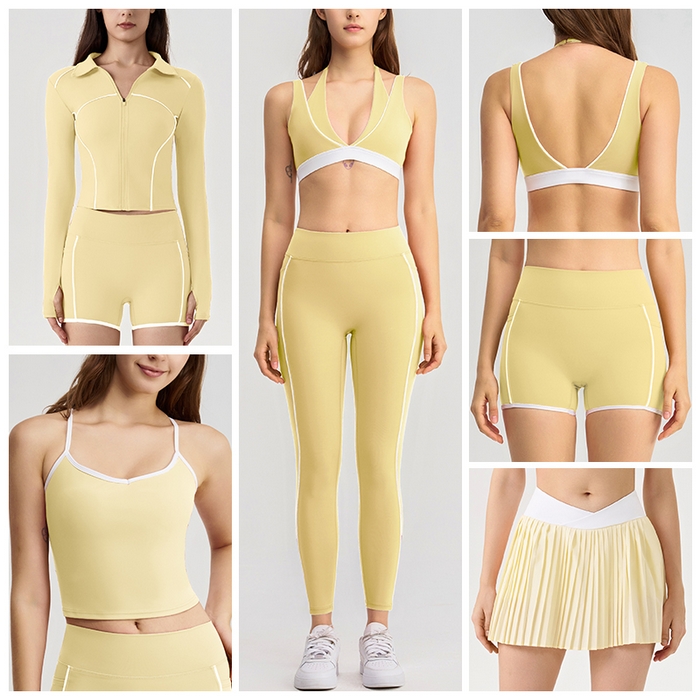 91家纺网 家纺一手货源 找家纺 （总）沐珩家纺 2026新款撞色文胸上衣长袖短袖长裤短裤短裙百褶裙拉链外套瑜伽服六件套装