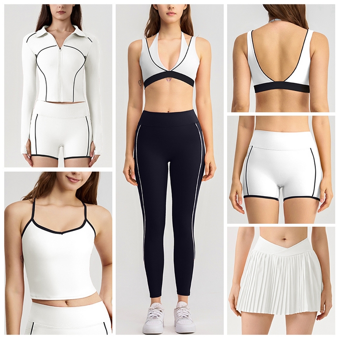 91家纺网 家纺一手货源 找家纺 （总）沐珩家纺 2026新款撞色文胸上衣长袖短袖长裤短裤短裙百褶裙拉链外套瑜伽服六件套装