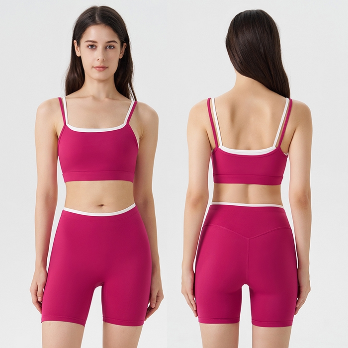 91家纺网 家纺一手货源 找家纺 （总）沐珩家纺 2026跨境新款假两件撞色白条吊带跑步运动内衣文胸三分短裤瑜伽服套装