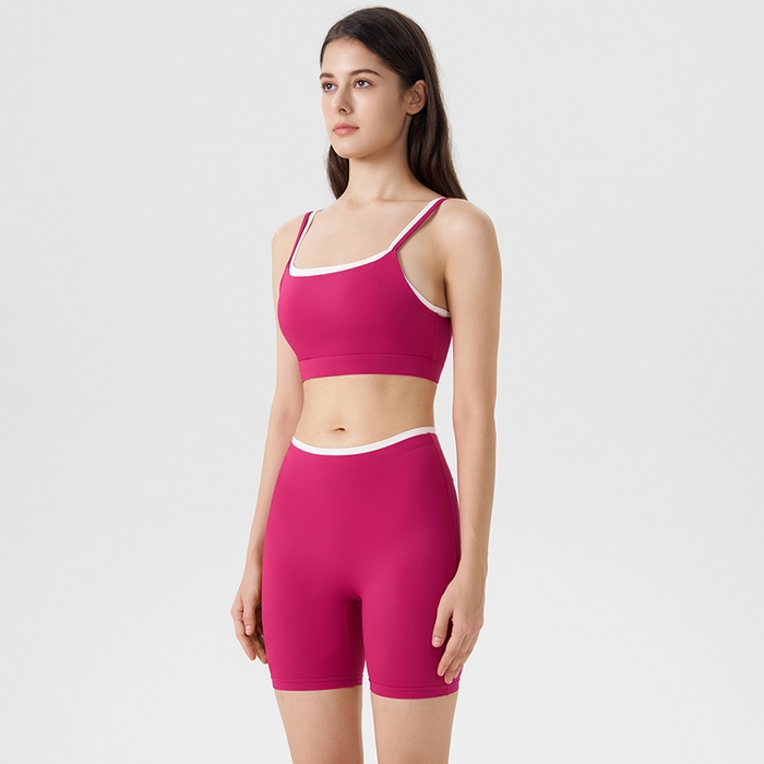 91家纺网 家纺一手货源 找家纺 （总）沐珩家纺 2026跨境新款假两件撞色白条吊带跑步运动内衣文胸三分短裤瑜伽服套装