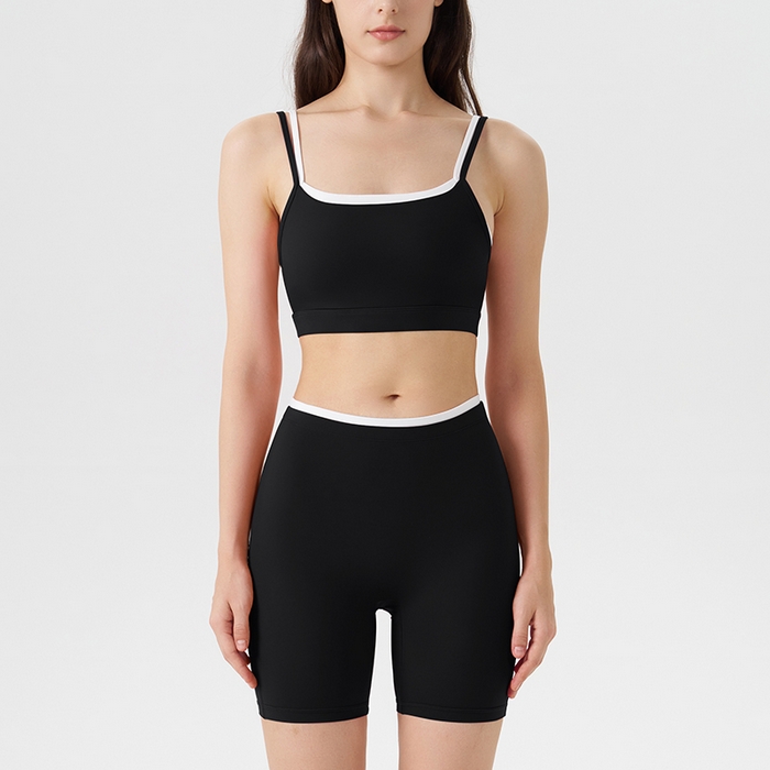 91家纺网 家纺一手货源 找家纺 （总）沐珩家纺 2026跨境新款假两件撞色白条吊带跑步运动内衣文胸三分短裤瑜伽服套装