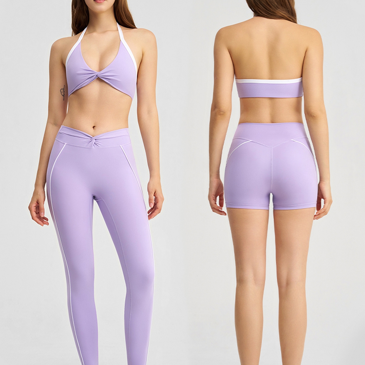 91家纺网 家纺一手货源 找家纺 沐珩家纺 2026新款撞色文胸上衣长袖短袖长裤短裤短裙百褶裙拉链外套瑜伽服六件套装（1） B款 浅紫色
