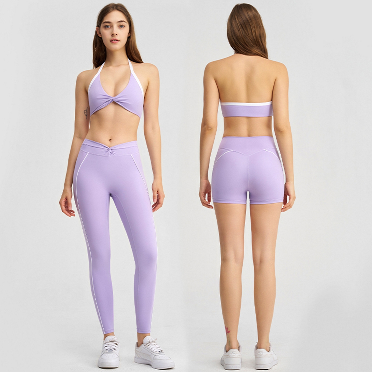 91家纺网 家纺一手货源 找家纺 沐珩家纺 2026新款撞色文胸上衣长袖短袖长裤短裤短裙百褶裙拉链外套瑜伽服六件套装（1） B款 浅紫色