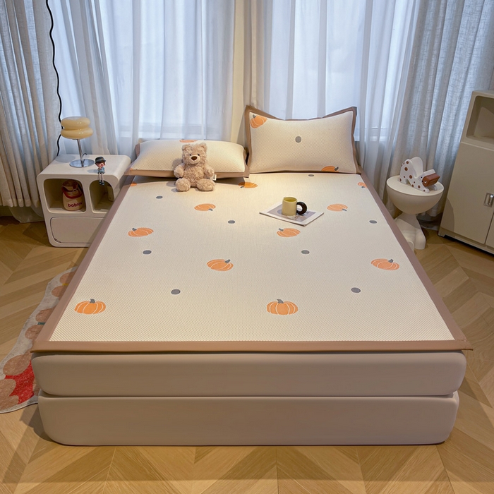 91家纺网 家纺一手货源 找家纺 凯罗 2026新款卡通实拍小红书爆款凉豆豆绣花床席可水洗床席席子 小南瓜-桔