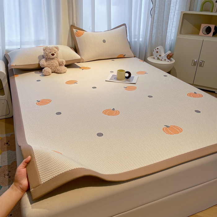 91家纺网 家纺一手货源 找家纺 凯罗 2026新款卡通实拍小红书爆款凉豆豆绣花床席可水洗床席席子 小南瓜-桔