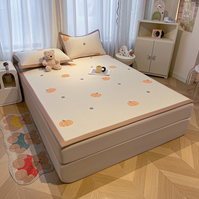 91家纺网 家纺一手货源 找家纺 凯罗 2026新款卡通实拍小红书爆款凉豆豆绣花床席可水洗床席席子 小南瓜-桔