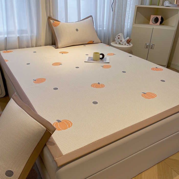 91家纺网 家纺一手货源 找家纺 凯罗 2026新款卡通实拍小红书爆款凉豆豆绣花床席可水洗床席席子 小南瓜-桔