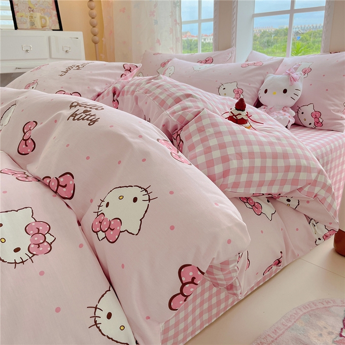 91家纺网 家纺一手货源 找家纺 桃子家居 2026新款A类三丽鸥正版授权卡通数码印花混搭纯棉印花系列四件套 棉三丽鸥-蝴蝶结kitty