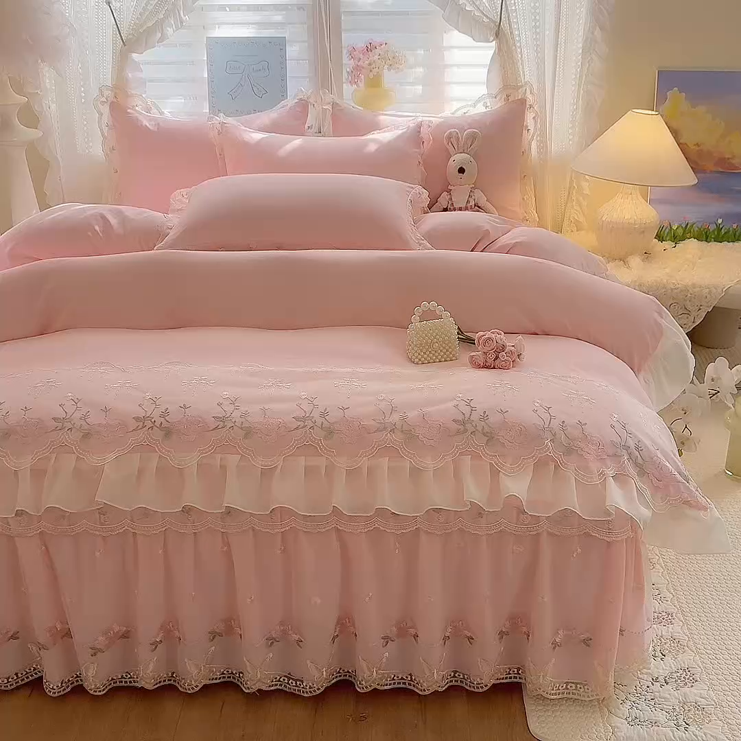 91家纺网 家纺一手货源 找家纺 （总）苏米娜 2026春夏超柔水洗棉床裙款四件套-唯爱系列