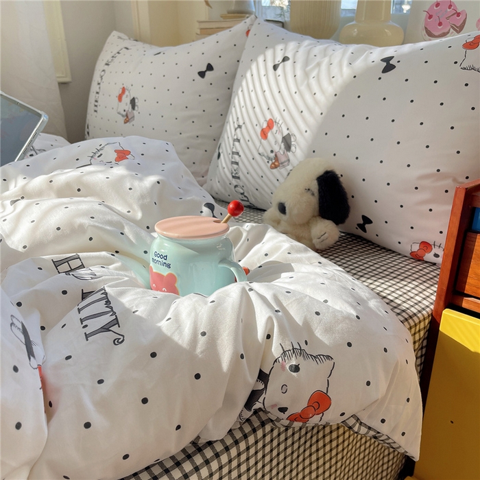 91家纺网 家纺一手货源 找家纺 桃子家居 2026新款A类三丽鸥正版授权卡通数码印花混搭纯棉印花系列四件套 棉三丽鸥-蝴蝶结点点kt