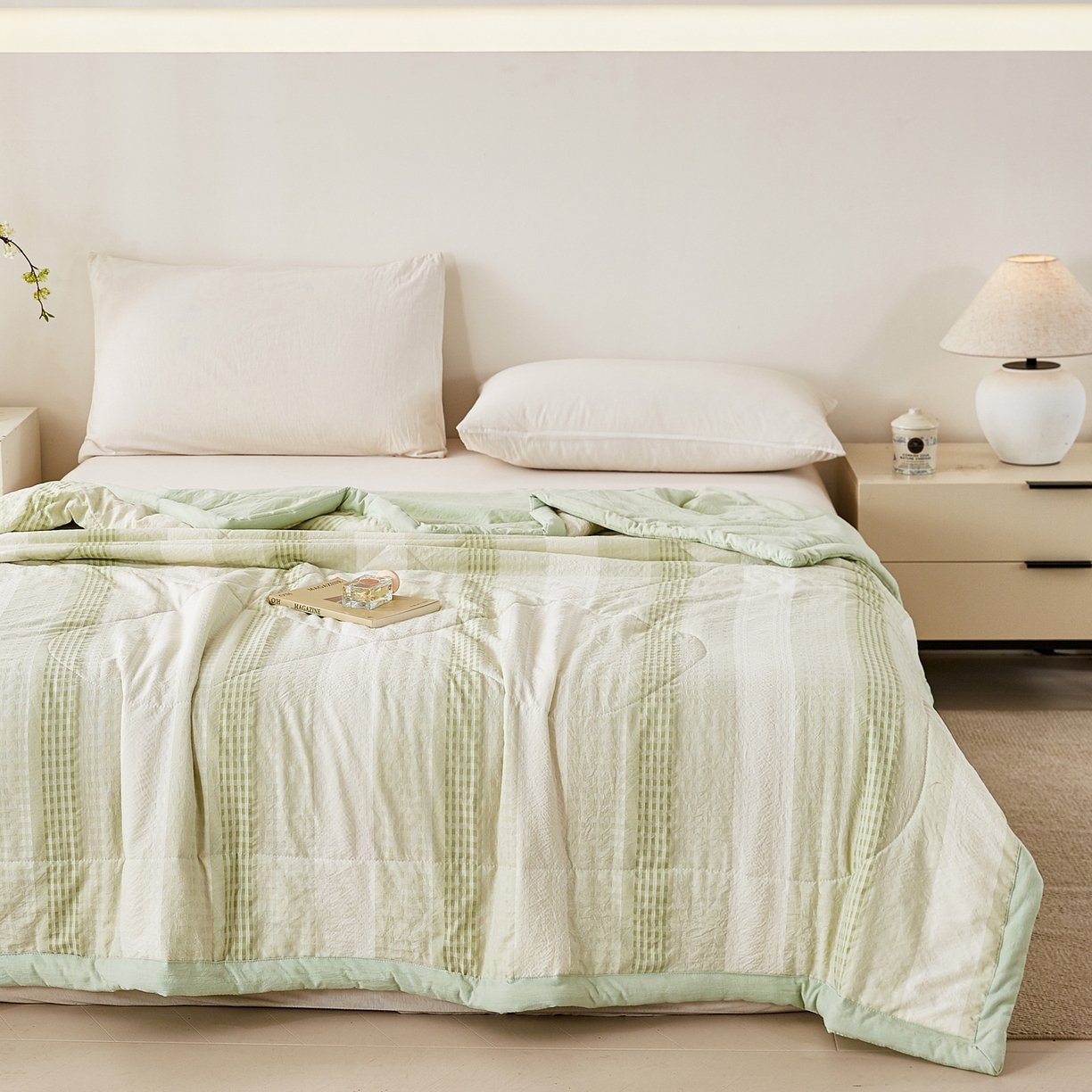 91家纺网 家纺一手货源 找家纺 心悦家纺 2026新款日式A类水洗色织提花大豆纤维被子被芯 织雅-绿色