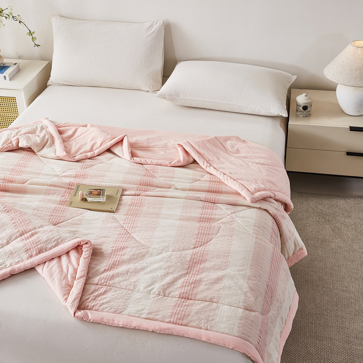 91家纺网 家纺一手货源 找家纺 心悦家纺 2026新款日式A类水洗色织提花大豆纤维被子被芯 织雅-粉色