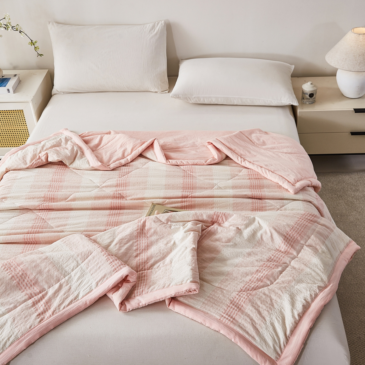 91家纺网 家纺一手货源 找家纺 心悦家纺 2026新款日式A类水洗色织提花大豆纤维被子被芯 织雅-粉色