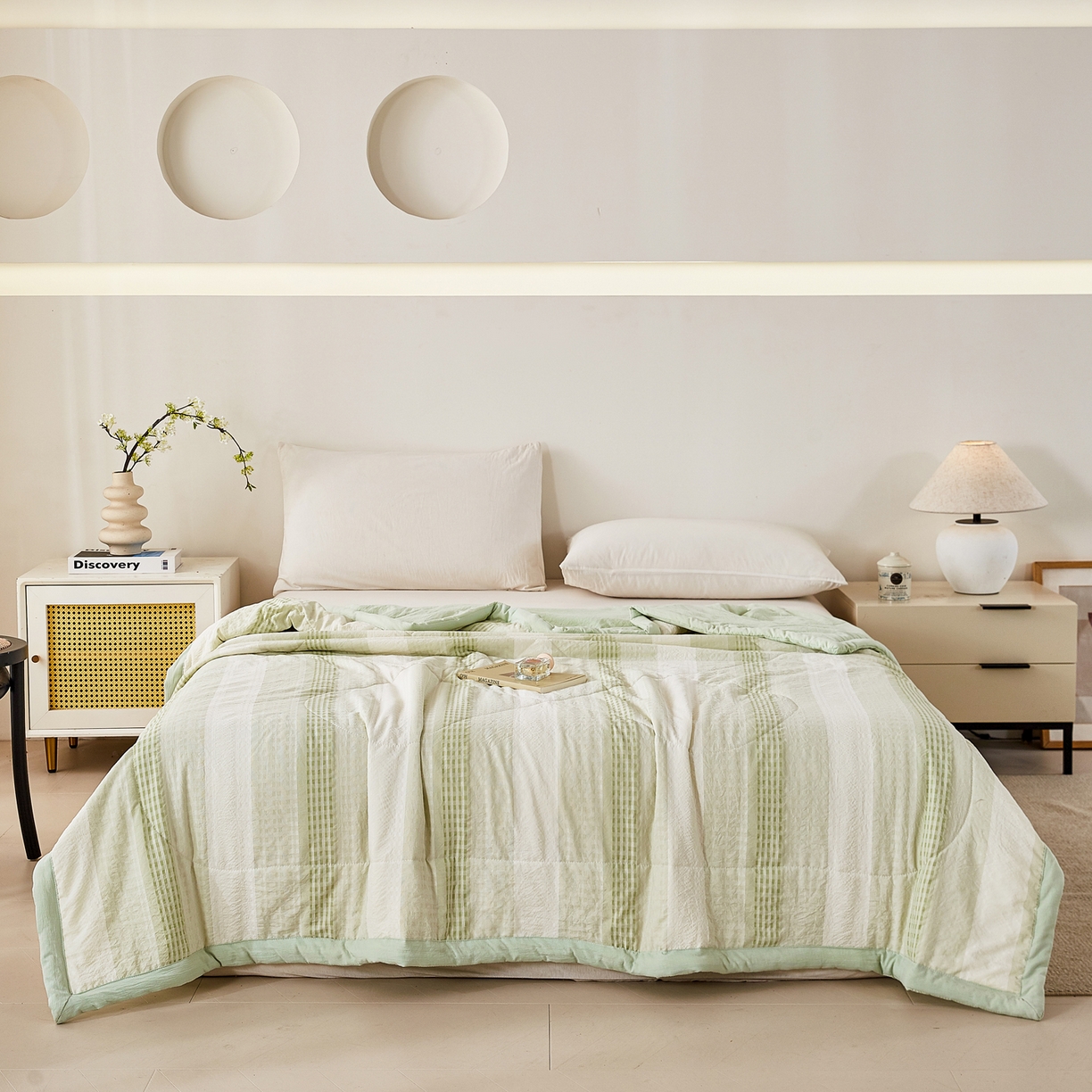 心悦家纺 2026新款日式A类水洗色织提花大豆纤维被子被芯 织雅-绿色