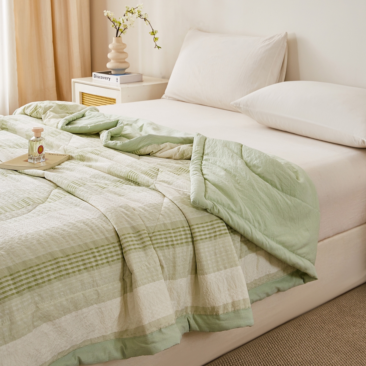 91家纺网 家纺一手货源 找家纺 心悦家纺 2026新款日式A类水洗色织提花大豆纤维被子被芯 织雅-绿色