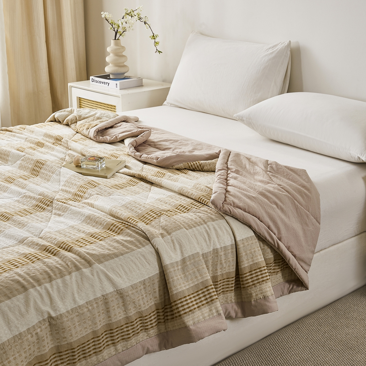 91家纺网 家纺一手货源 找家纺 心悦家纺 2026新款日式A类水洗色织提花大豆纤维被子被芯 织雅-驼色