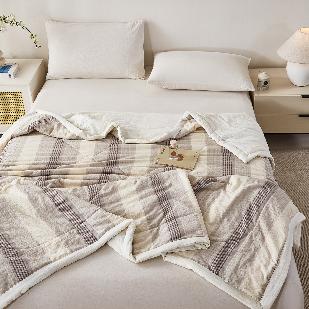 91家纺网 家纺一手货源 找家纺 心悦家纺 2026新款日式A类水洗色织提花大豆纤维被子被芯 织雅-灰色