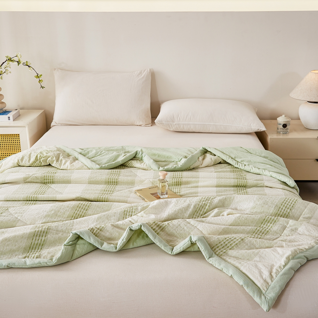 91家纺网 家纺一手货源 找家纺 心悦家纺 2026新款日式A类水洗色织提花大豆纤维被子被芯 织雅-绿色