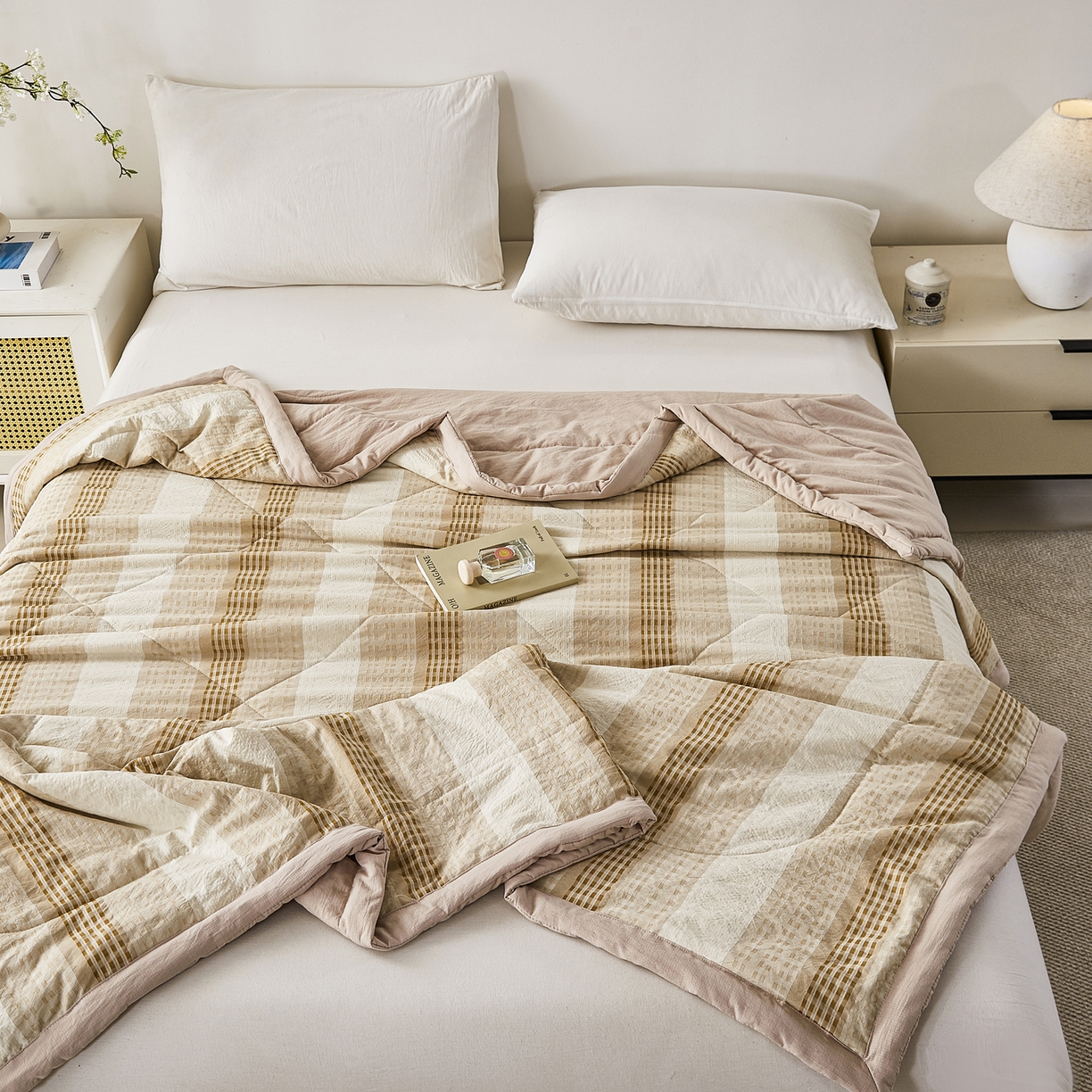 91家纺网 家纺一手货源 找家纺 心悦家纺 2026新款日式A类水洗色织提花大豆纤维被子被芯 织雅-驼色