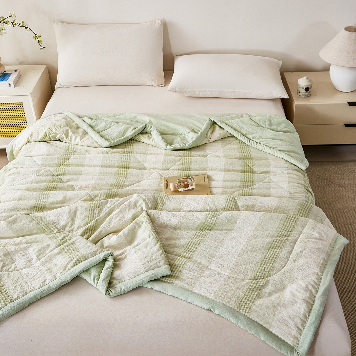 91家纺网 家纺一手货源 找家纺 心悦家纺 2026新款日式A类水洗色织提花大豆纤维被子被芯 织雅-绿色