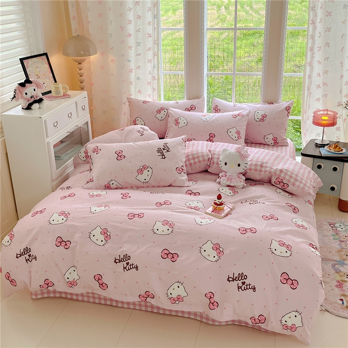 91家纺网 家纺一手货源 找家纺 桃子家居 2026新款A类三丽鸥正版授权卡通数码印花混搭纯棉印花系列四件套 棉三丽鸥-蝴蝶结kitty