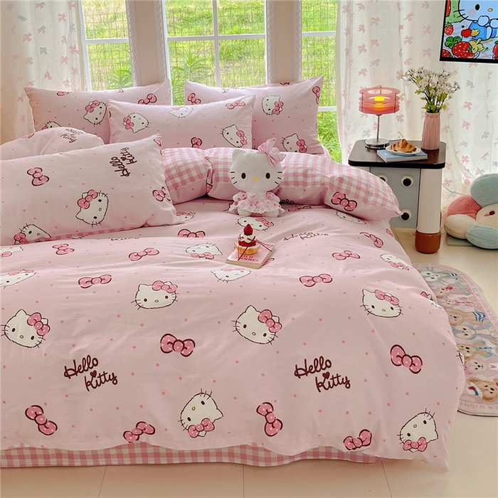 91家纺网 家纺一手货源 找家纺 桃子家居 2026新款A类三丽鸥正版授权卡通数码印花混搭纯棉印花系列四件套 棉三丽鸥-蝴蝶结kitty