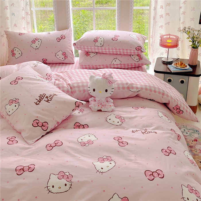 91家纺网 家纺一手货源 找家纺 桃子家居 2026新款A类三丽鸥正版授权卡通数码印花混搭纯棉印花系列四件套 棉三丽鸥-蝴蝶结kitty
