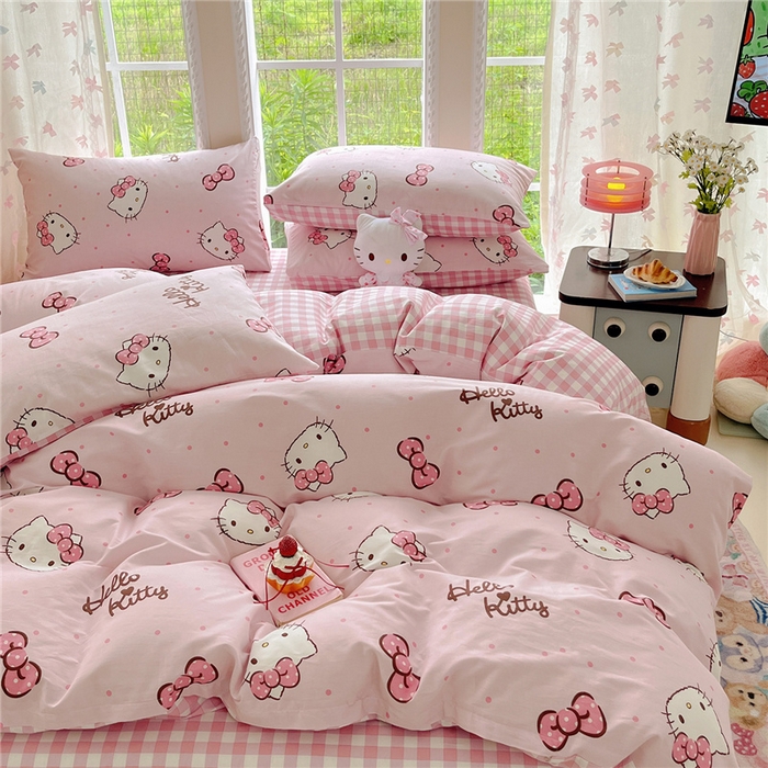 91家纺网 家纺一手货源 找家纺 桃子家居 2026新款A类三丽鸥正版授权卡通数码印花混搭纯棉印花系列四件套 棉三丽鸥-蝴蝶结kitty
