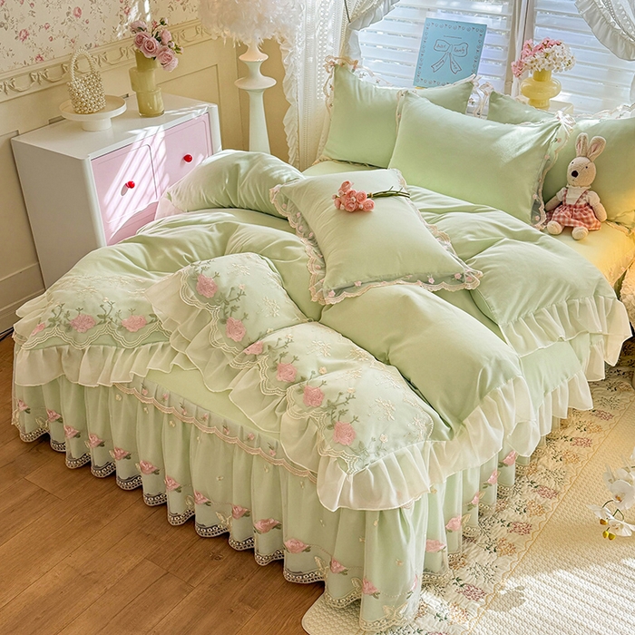 苏米娜 2026春夏超柔水洗棉床裙款四件套-唯爱系列 唯爱-薄荷绿