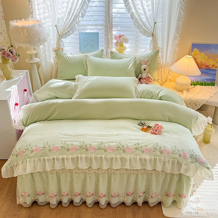 91家纺网 家纺一手货源 找家纺 苏米娜 2026春夏超柔水洗棉床裙款四件套-唯爱系列 唯爱-薄荷绿