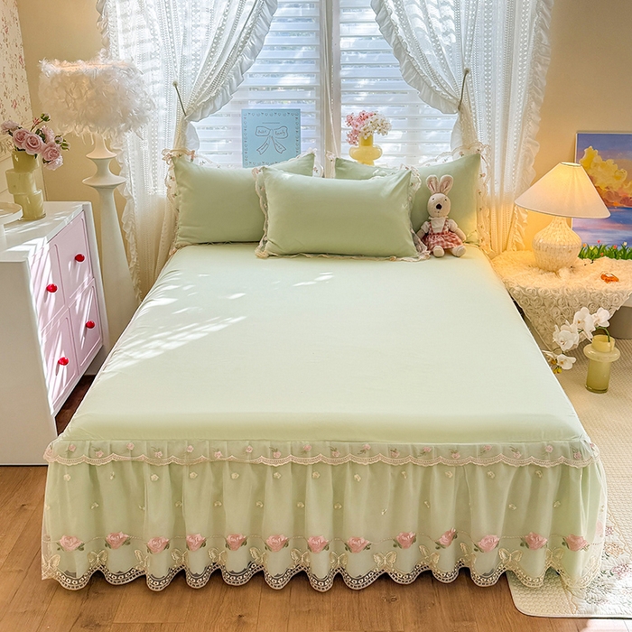 91家纺网 家纺一手货源 找家纺 苏米娜 2026春夏超柔水洗棉床裙款四件套-唯爱系列 唯爱-薄荷绿