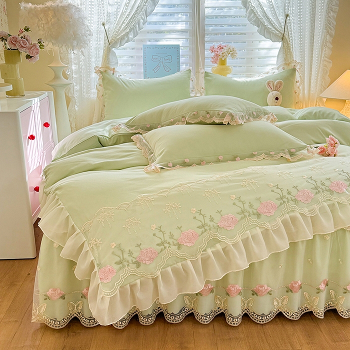 91家纺网 家纺一手货源 找家纺 苏米娜 2026春夏超柔水洗棉床裙款四件套-唯爱系列 唯爱-薄荷绿