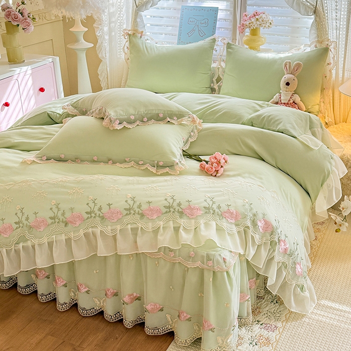 91家纺网 家纺一手货源 找家纺 苏米娜 2026春夏超柔水洗棉床裙款四件套-唯爱系列 唯爱-薄荷绿