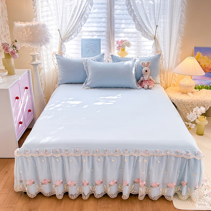 91家纺网 家纺一手货源 找家纺 苏米娜 2026春夏超柔水洗棉床裙款四件套-唯爱系列 唯爱-梦幻蓝