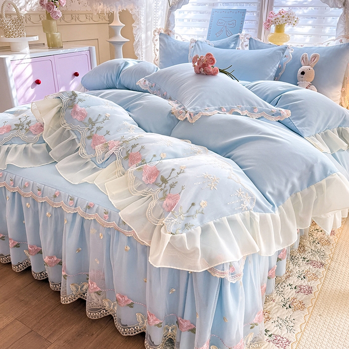 91家纺网 家纺一手货源 找家纺 苏米娜 2026春夏超柔水洗棉床裙款四件套-唯爱系列 唯爱-梦幻蓝