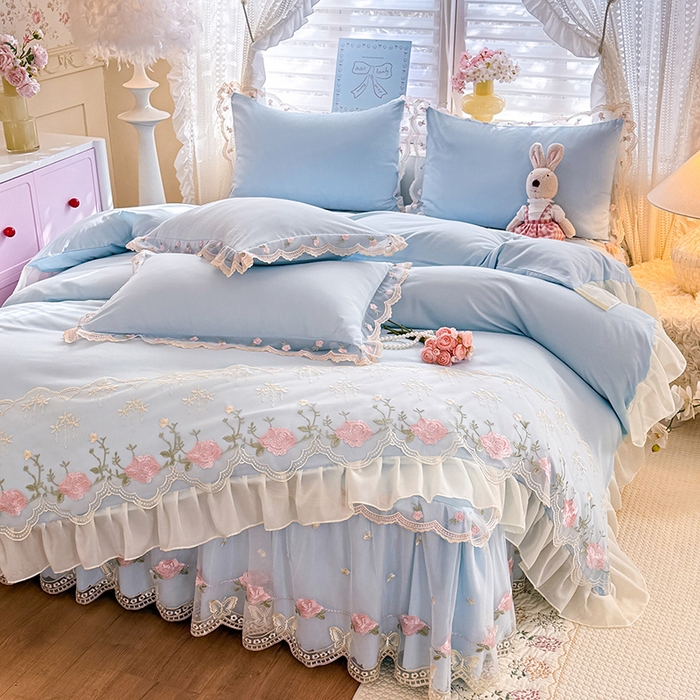 91家纺网 家纺一手货源 找家纺 苏米娜 2026春夏超柔水洗棉床裙款四件套-唯爱系列 唯爱-梦幻蓝