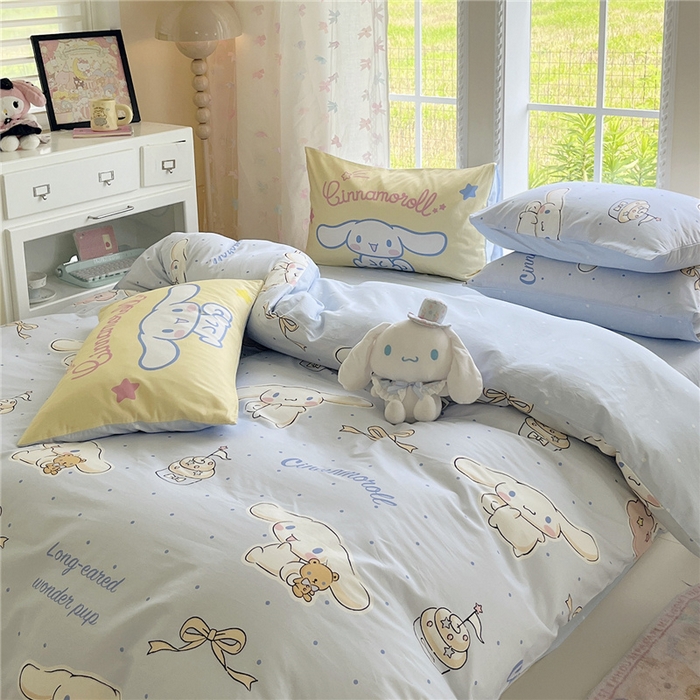 91家纺网 家纺一手货源 找家纺 桃子家居 2026新款A类三丽鸥正版授权卡通数码印花混搭纯棉印花系列四件套 棉三丽鸥-混搭点点玉桂狗蓝