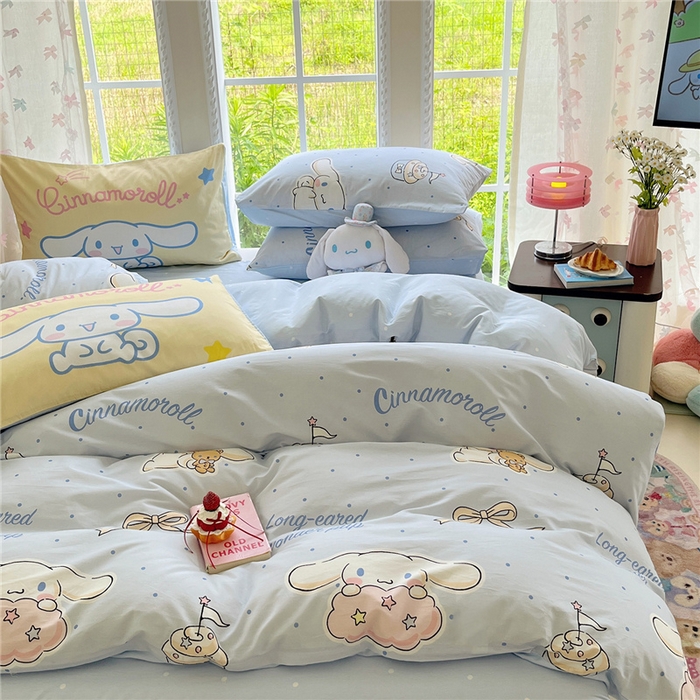 91家纺网 家纺一手货源 找家纺 桃子家居 2026新款A类三丽鸥正版授权卡通数码印花混搭纯棉印花系列四件套 棉三丽鸥-混搭点点玉桂狗蓝