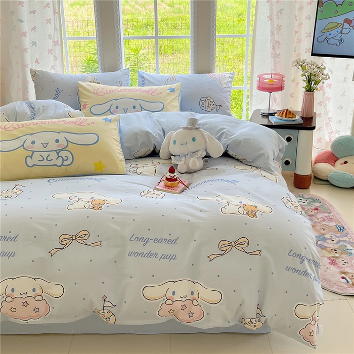 91家纺网 家纺一手货源 找家纺 桃子家居 2026新款A类三丽鸥正版授权卡通数码印花混搭纯棉印花系列四件套 棉三丽鸥-混搭点点玉桂狗蓝