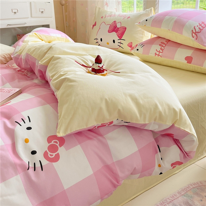 91家纺网 家纺一手货源 找家纺 桃子家居 2026新款A类三丽鸥正版授权卡通数码印花混搭纯棉印花系列四件套 棉三丽鸥-混搭告白kt猫