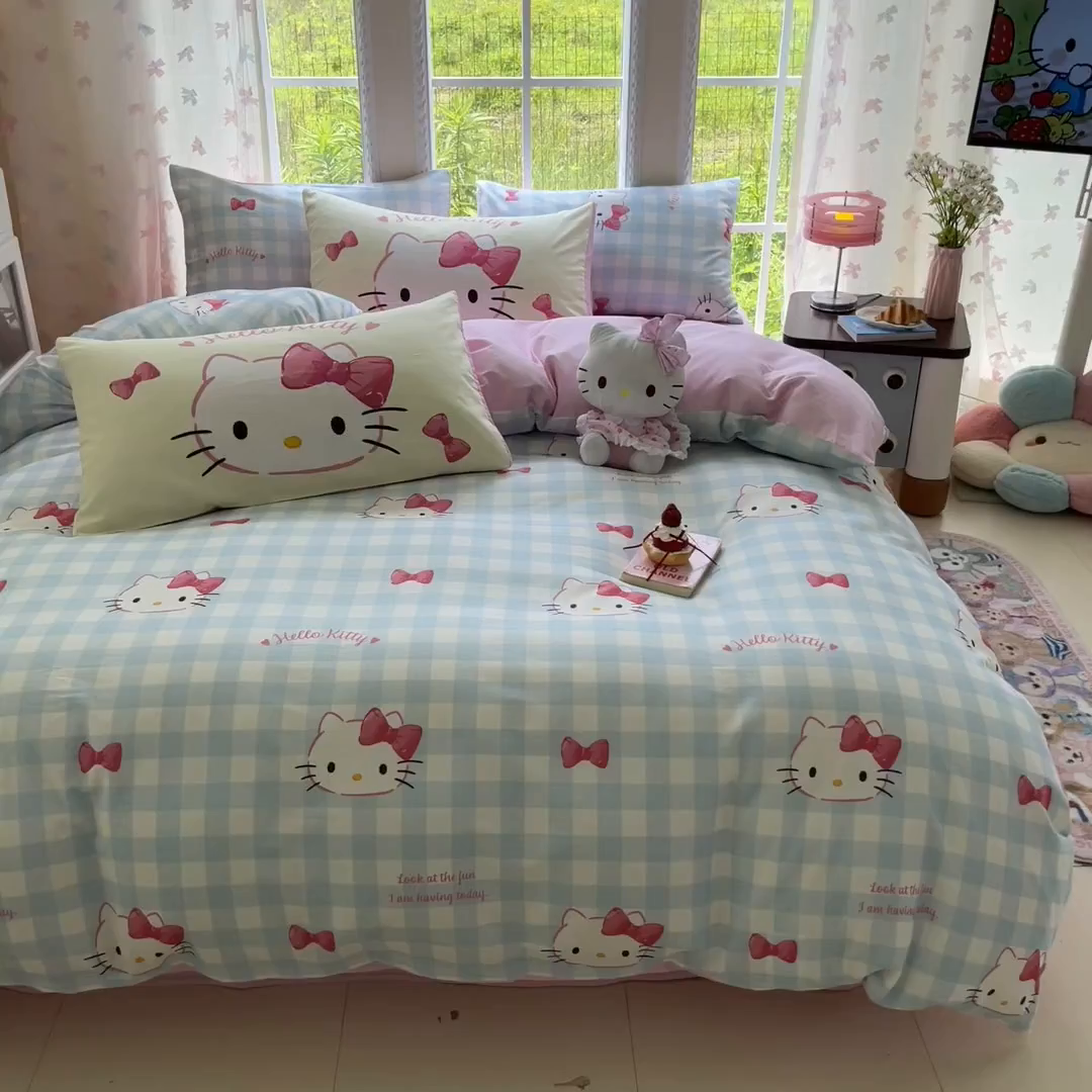 91家纺网 家纺一手货源 找家纺 桃子家居 2026新款A类三丽鸥正版授权卡通数码印花混搭纯棉印花系列四件套 棉三丽鸥-混搭乖巧kitty