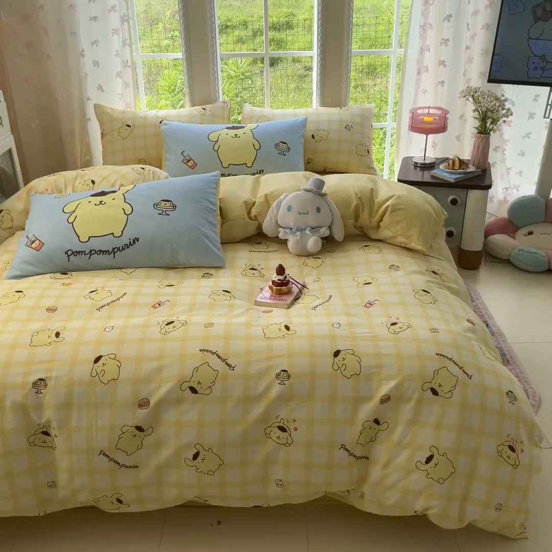 91家纺网 家纺一手货源 找家纺 桃子家居 2026新款A类三丽鸥正版授权卡通数码印花混搭纯棉印花系列四件套 棉三丽鸥-混搭焦糖布丁狗