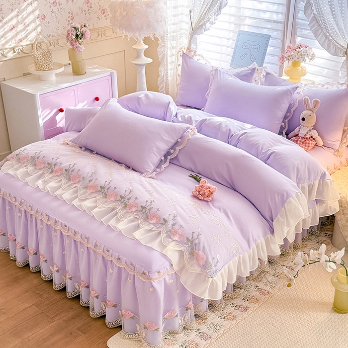 91家纺网 家纺一手货源 找家纺 苏米娜 2026春夏超柔水洗棉床裙款四件套-唯爱系列 唯爱-香芋紫