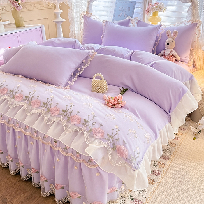 91家纺网 家纺一手货源 找家纺 苏米娜 2026春夏超柔水洗棉床裙款四件套-唯爱系列 唯爱-香芋紫